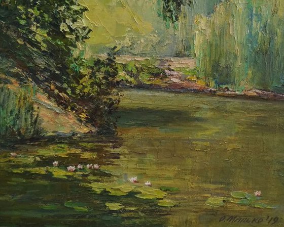 Old pond with lilies / Summer landscape in green tones. Original oil painting