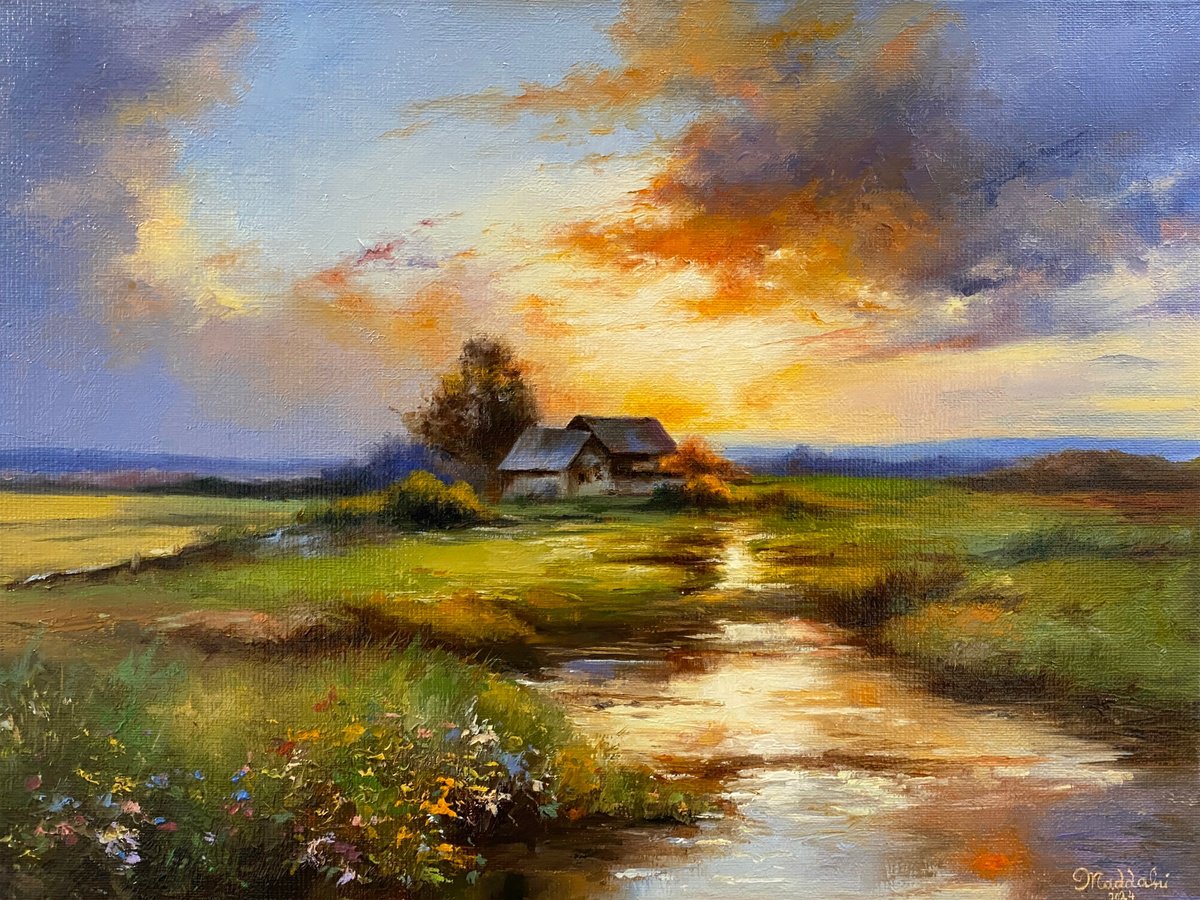 Photorealistic Landscape Oil Painting By Farzaneh Maddahi, 16 X 12, Sunset In Lake, Original Artwork
