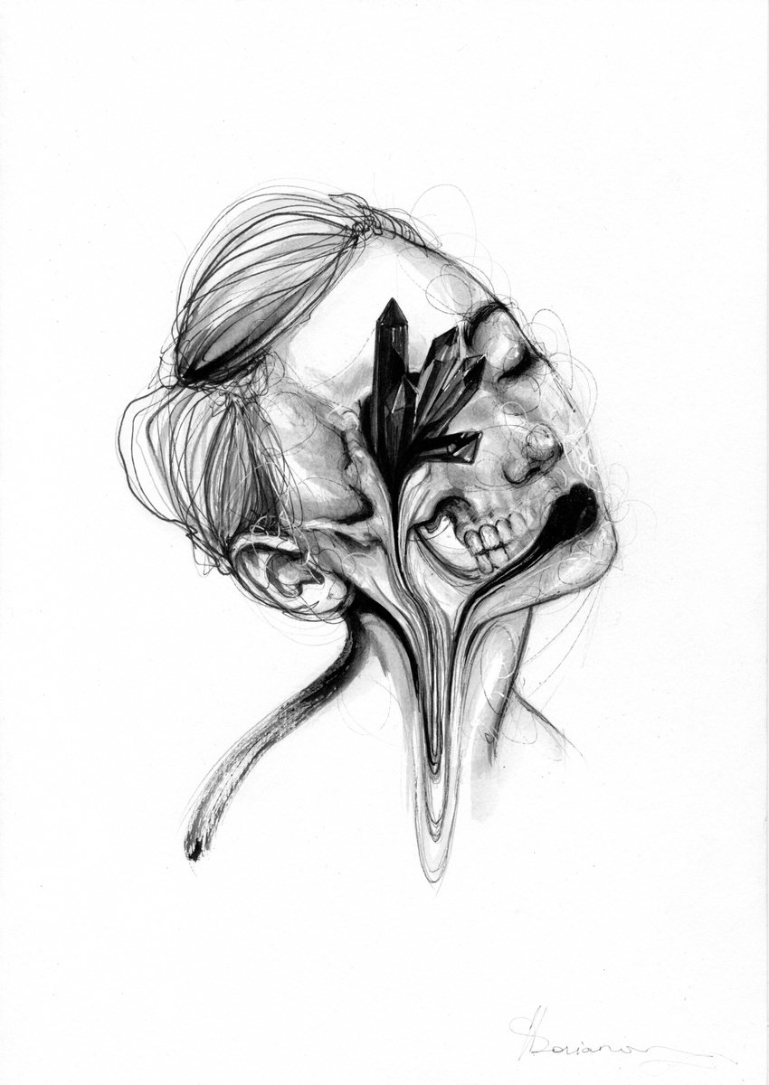 Abstract Portrait Ink Drawing By Doriana Popa, 8 X 12, Crystal, Original Artwork