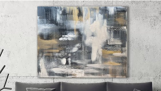 100x80cm Black Gold Gray Abstract on canvas. Nacre luxury.