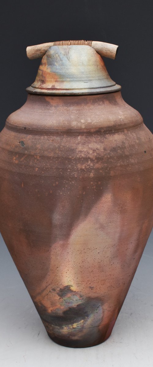 Raku fired stoneware covered vessel M65 by Ron Mello