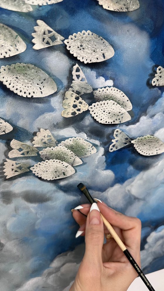 Surreal Ocean Painting with Vintage Lace Fish