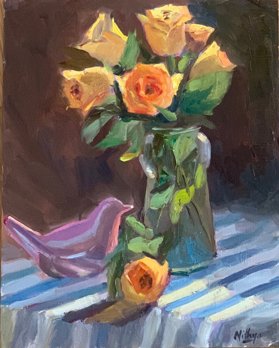 Yellow Roses in Sunlight - Floral Painting Fine Art Home decor by Nithya Swaminathan