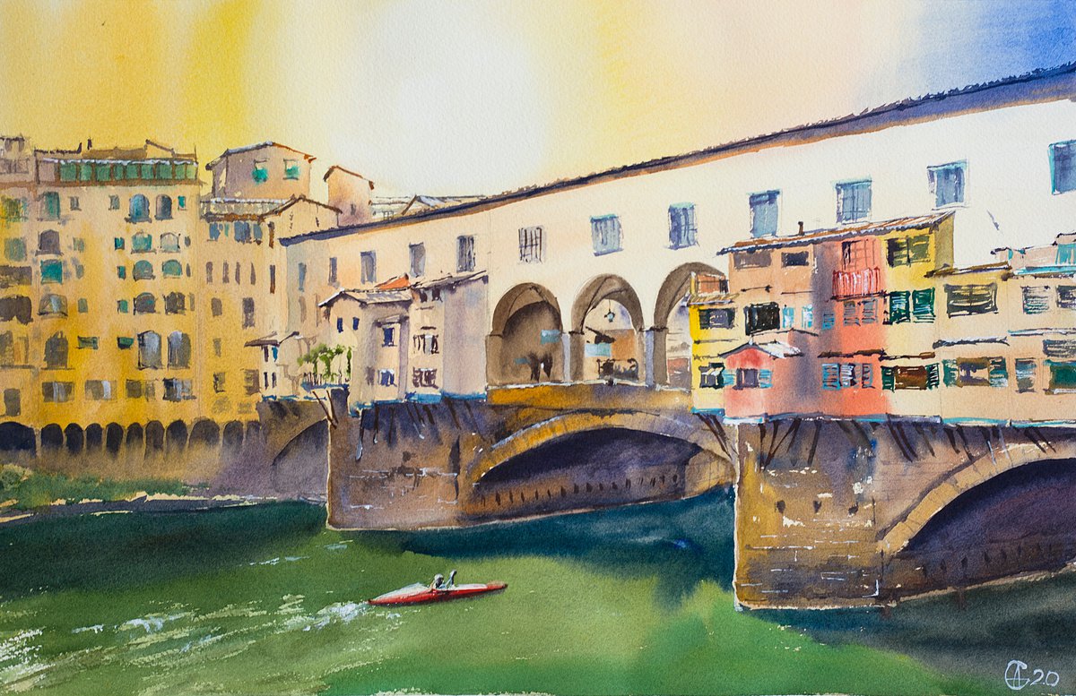 Sunset in Florence. View of the Ponte Vecchio. Medium format watercolor urban landscape Me... by Sasha Romm