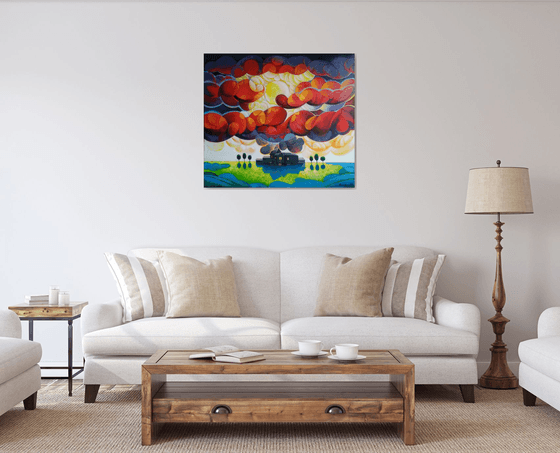 Sunset (80x90cm, cubism, oil painting, ready to hang)