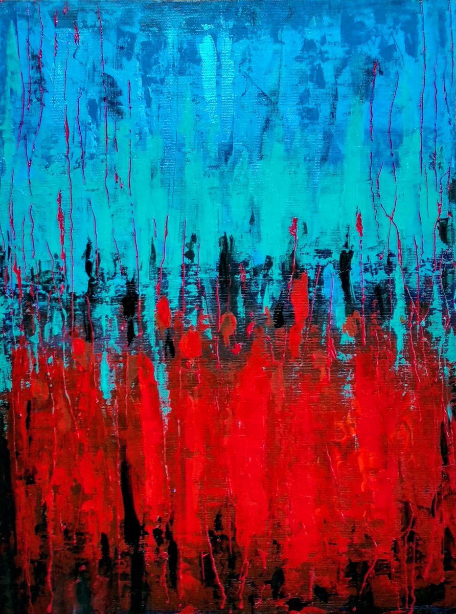 Organic Abstract Acrylic Painting By Asha Shenoy, 14 X 18, Vibrant Red & Turquoise -Ii, Original Artwork