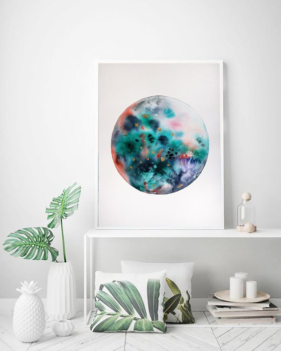 Green Moon Original Watercolor Painting, Golden Lunar Wall Art, Celestial Bedroom Decor