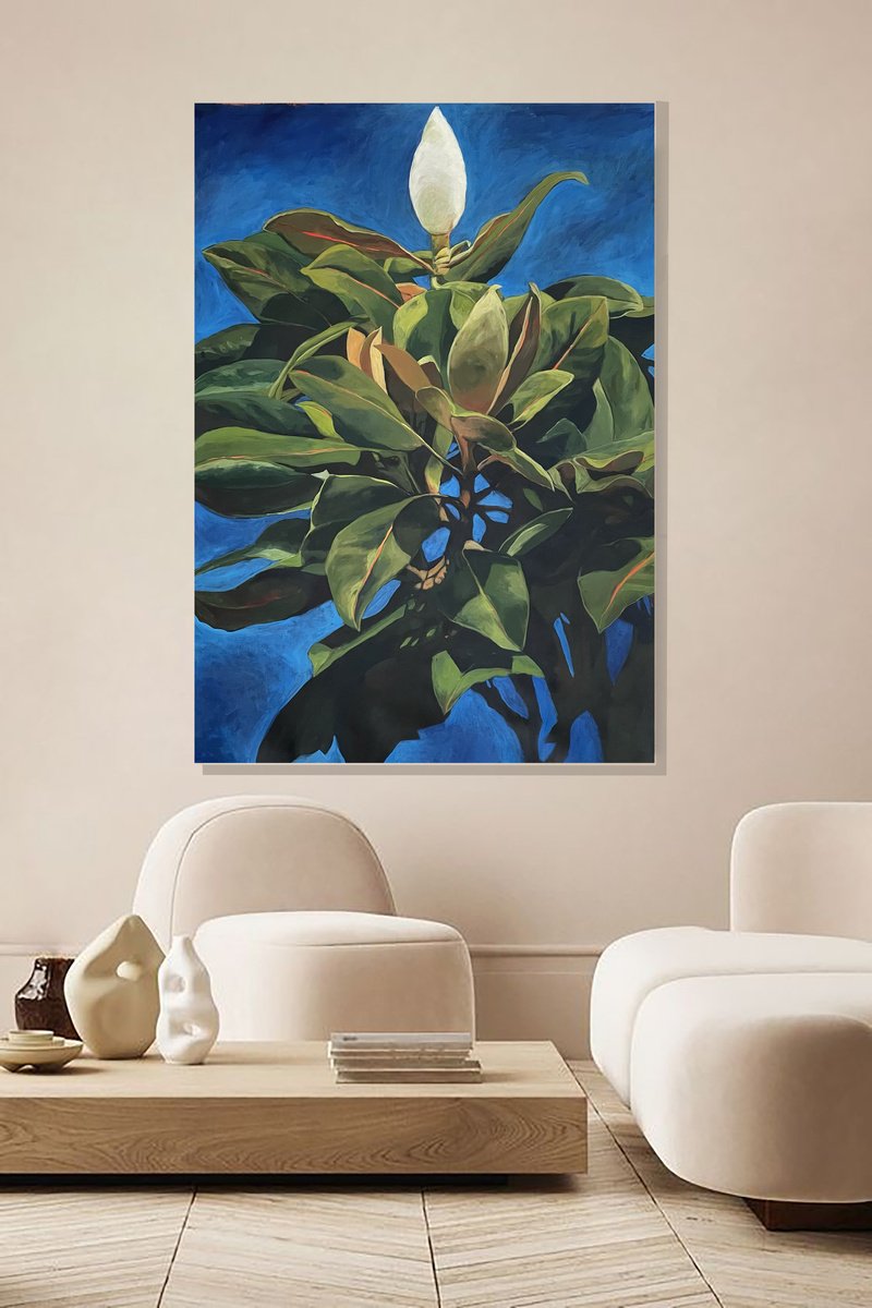 Photorealistic Botanical Acrylic Painting By Anahita Ghazanfari, 35 X 47, Magnolia 2, Original Artwork