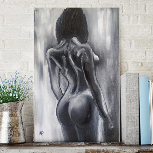 With him, original nude erotic black and white oil painting, Gift, art for bedroom by Nataliia Plakhotnyk