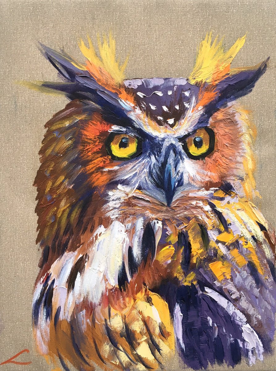 Impressionistic Animal Oil Painting By Elena Sokolova, 12 X 16, Owl, Original Artwork