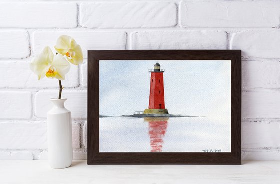 Red lighthouse in the sea. Minimalism. Original watercolor artwork.
