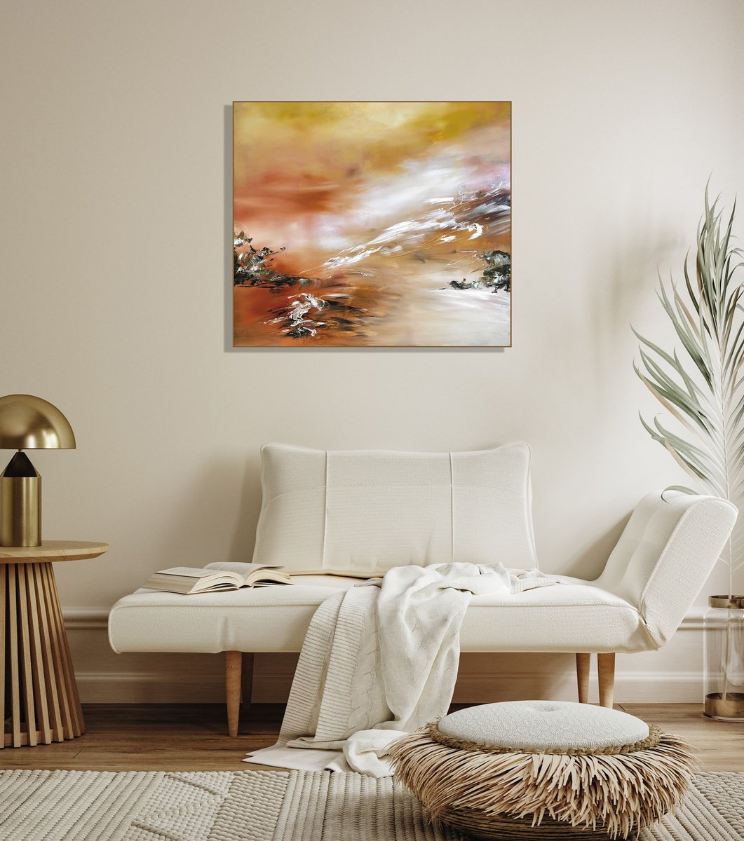 Expressive Landscape Oil Painting By Julia Swaby, 31 X 28", Apricot Sundown, Original Artwork
