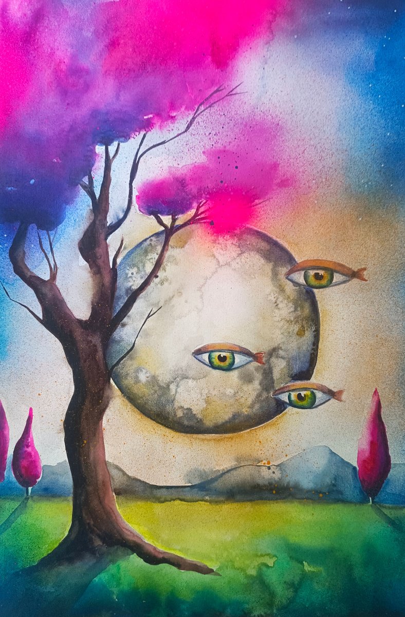 Surrealistic Landscape Painting By Evgenia Smirnova, 15 X 22, Whispers Of The Moon, Original Artwork