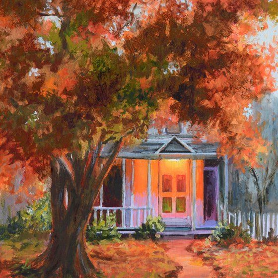 Fall house porch with a tree