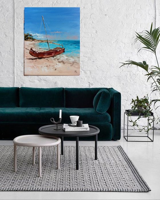 " PARADISE BEACH ... " SHIP BOAT SAIL original painting palette knife GIFT MODERN URBAN ART OFFICE ART DECOR HOME DECOR GIFT IDEA