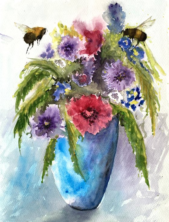 Bees around Vase of Summer Flowers