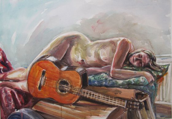 reclining female nude with guitar