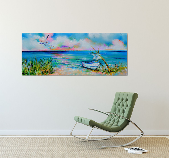 Boat and Seagulls on Seashore