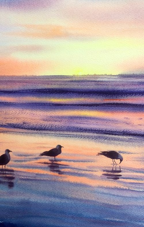 Sea Gulls at the Shore - Seagu by Olga Beliaeva Watercolour