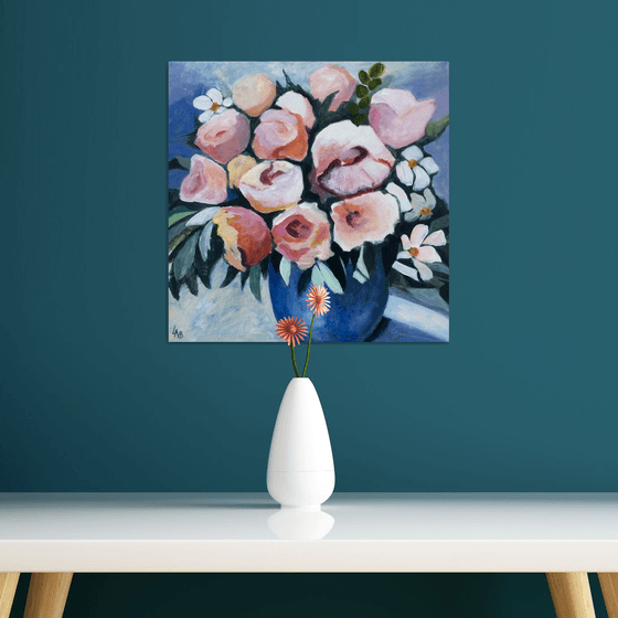 Pink Roses in Blue Vase