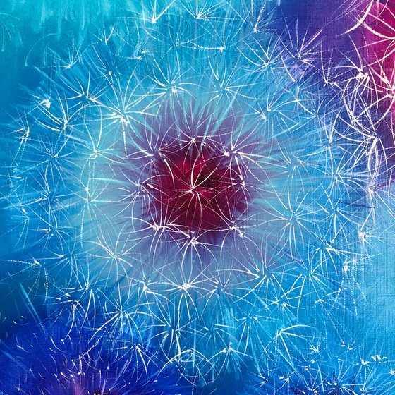 BLUE SPACE - Dandelions. Abstraction. Botanical. Pink. Indigo. Umbrella dandelions. Openwork. Macro flowers. Ultramarine.