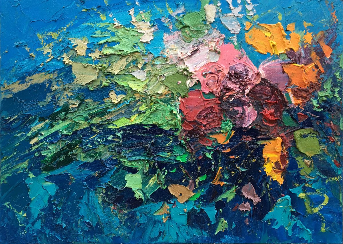 Expressive Botanical Oil Painting By Agostino Veroni, 27 X 20, Colorful Roses Oil Painting On Canvas, Original Artwork