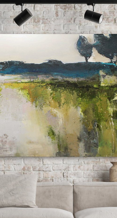 "Green mountain" Abstract acrylic green art by Solomia