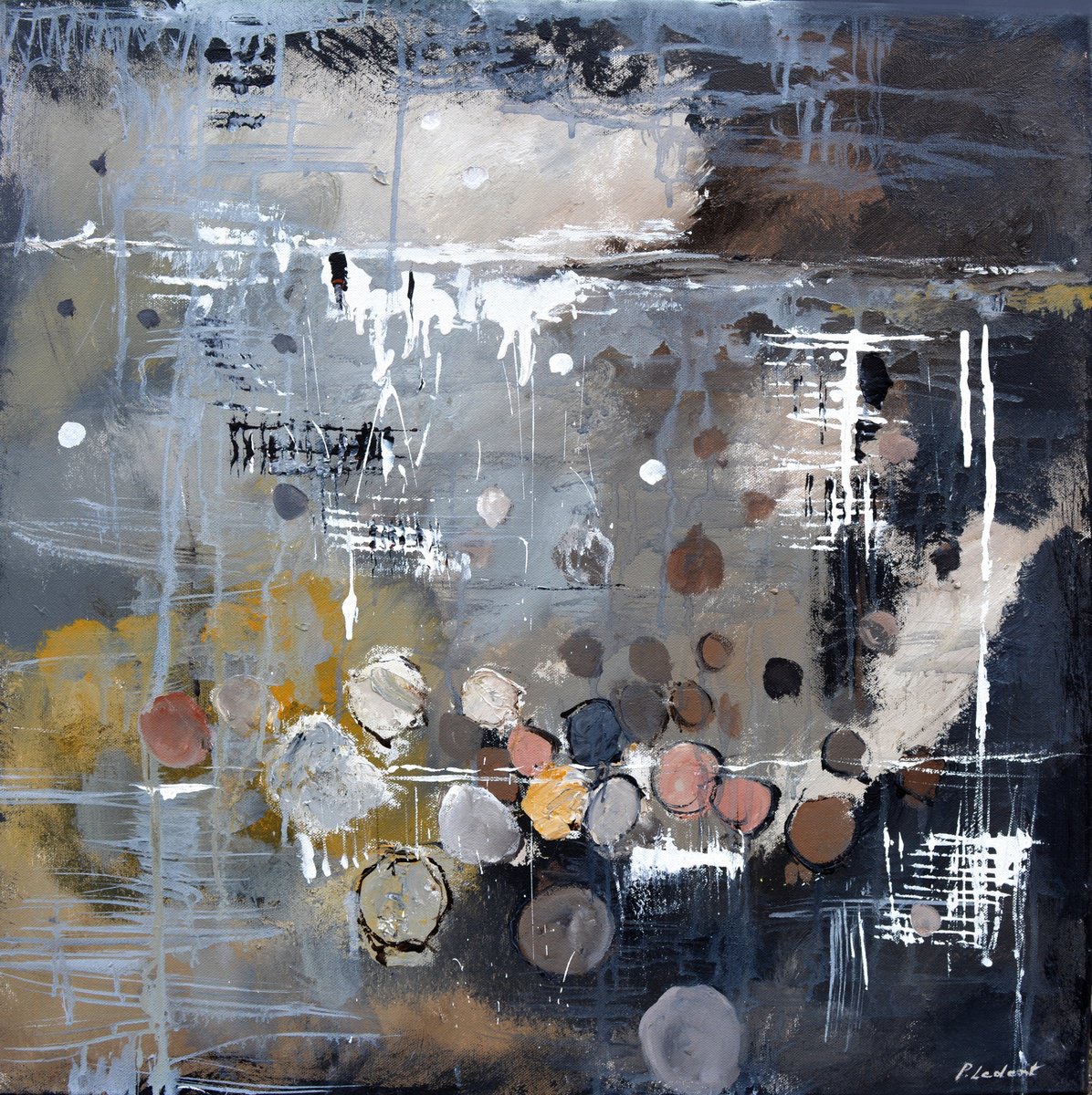 Abstract Oil Painting By Pol Henry Ledent, 28 X 28", Misty Evening, Original Artwork