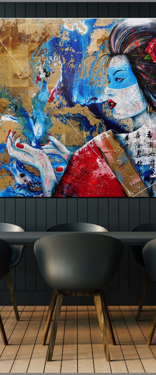 Suisei 200cm x 120cm Geisha Book Page Abstract Realism Art by Franko