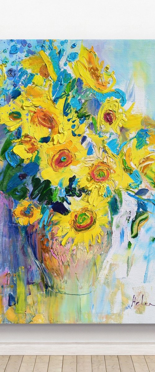 Sunflowers on white by Helen Shukina