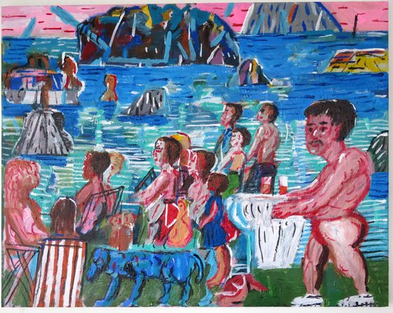 beach scene with blue dog