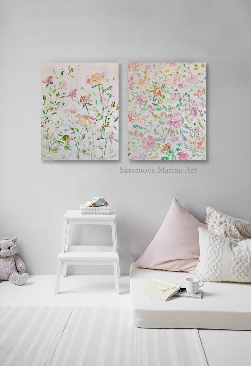 ROSES COUPLE- Set. Diptych. Little Roses. Pink flowers. Roses on white. Pink roses. Buds. by Marina Skromova