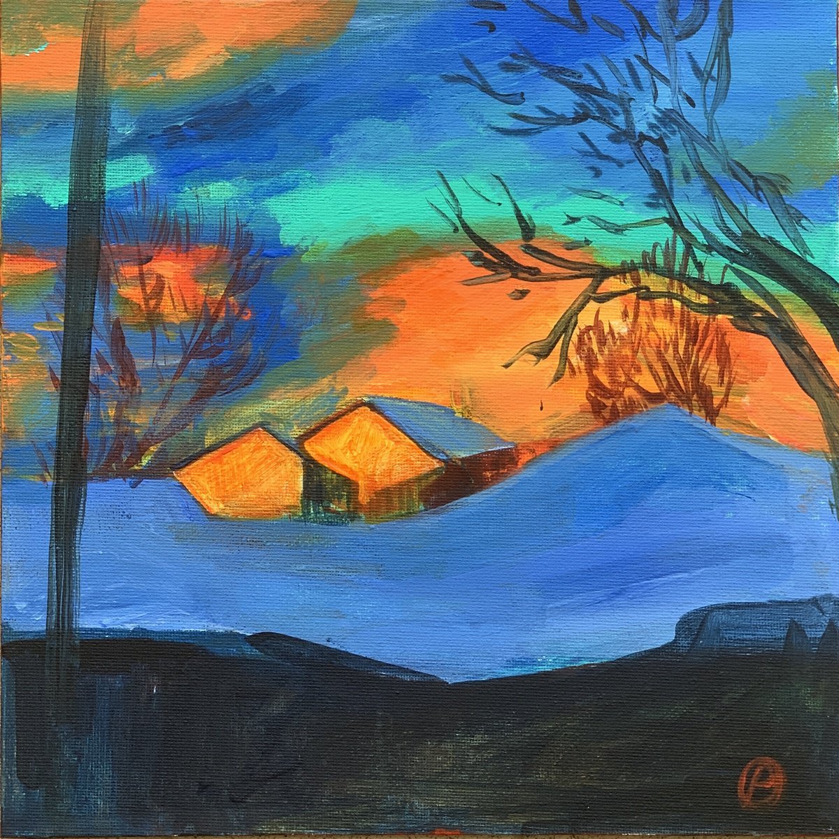 Impressionistic Landscape Acrylic Painting By Olga Pascari, 10 X 10", Winter Landscape, Original Artwork