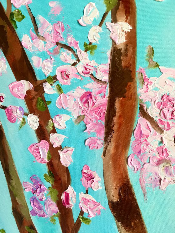 Apple blossom , spring in London white, pink, turquoise 81 x 61 cm  ready to hang oil painting