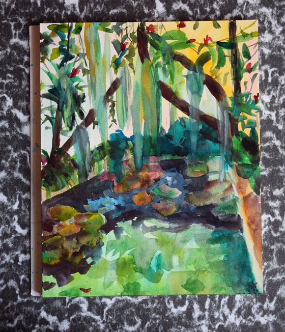 Floral watercolor painting Botanical garden with pond, Green plants