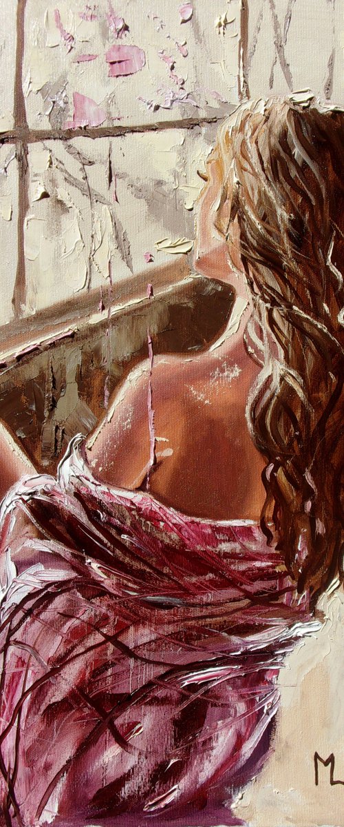 " PINK BLOOMING ... "-   liGHt  ORIGINAL OIL PAINTING, GIFT, PALETTE KNIFE nude WINDOW by Monika Luniak