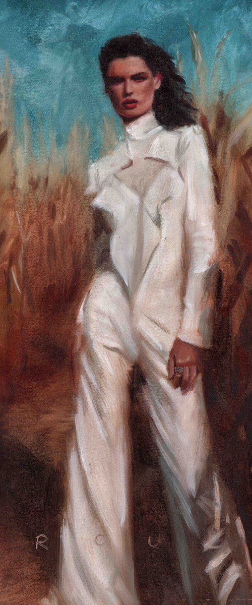 "Im not lost" Oil painting of brunette model wearing a white suit in the corn fields. by Renske Karlien Hercules