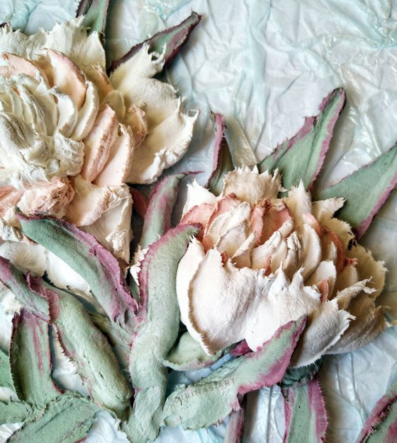 White peonies on glass-3d sculptural relief still life with a bouquet of flowers 35x45x6 cm