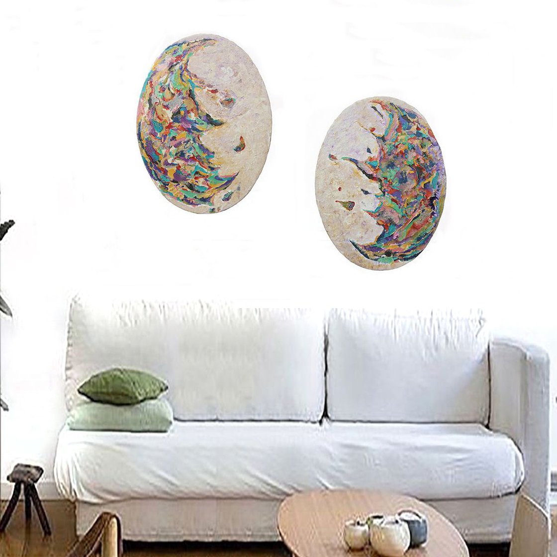 Diptych Painting ''We'll Meet Again'', 2 Oval Abstract Paintings, Two ...