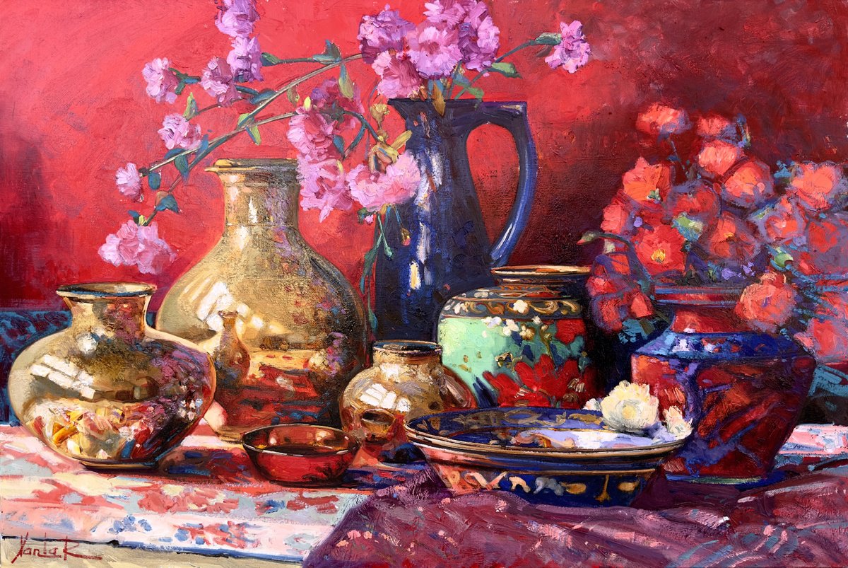 Impressionistic Still Life Oil Painting By Khanlar Asadullayev, 47 X 31", Oriental Mood, Original Artwork