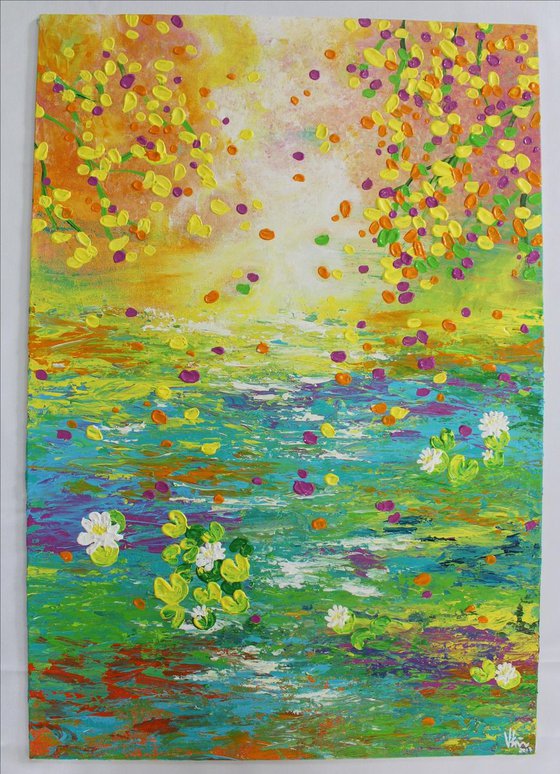 "Dreamy World" - Claude Monet Inspired Impressionistic Acrylic Lily Pond Painting