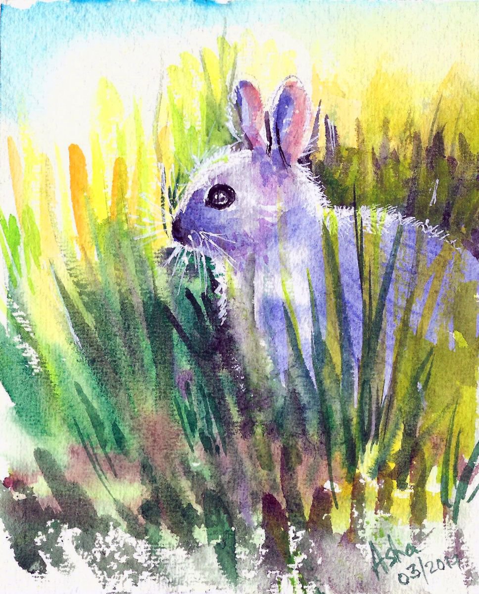 Watercolor Bunny Painting - Sunny Bunny in Spring 4.75x 5.75 by Asha Shenoy