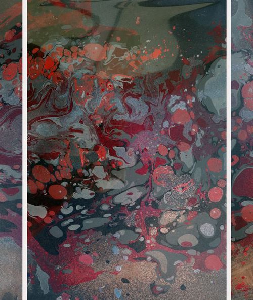Set of 3 Fluid abstract original paintings on carton - 18J035 by Kuebler