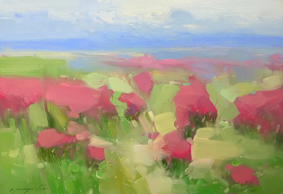 Blushing Field, Original oil painting, Handmade artwork, One of a kind