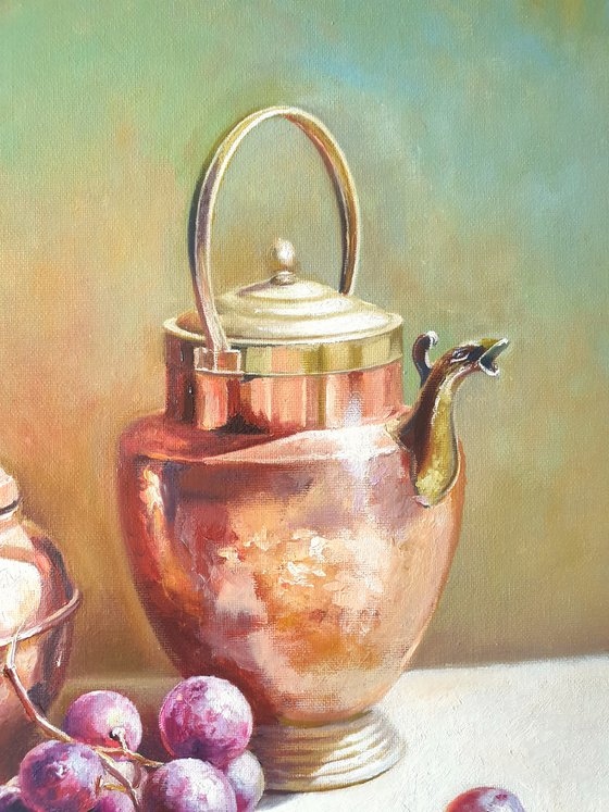 "Still life with grapes and an old exquisite  copper-brass utensil." still life grapes old brass jug summer  liGHt original painting  GIFT (2021)