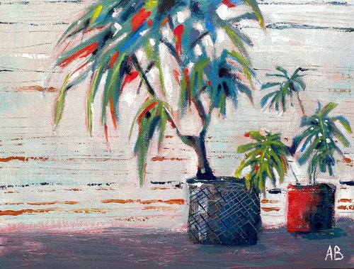 Palmtree on the windowsill - gouache painting by Anna Boginskaia
