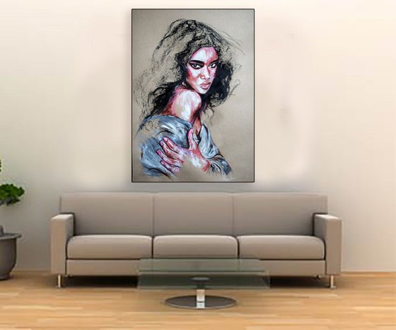 Her gaze / 60 cm x 42 cm Portrait painting on paper