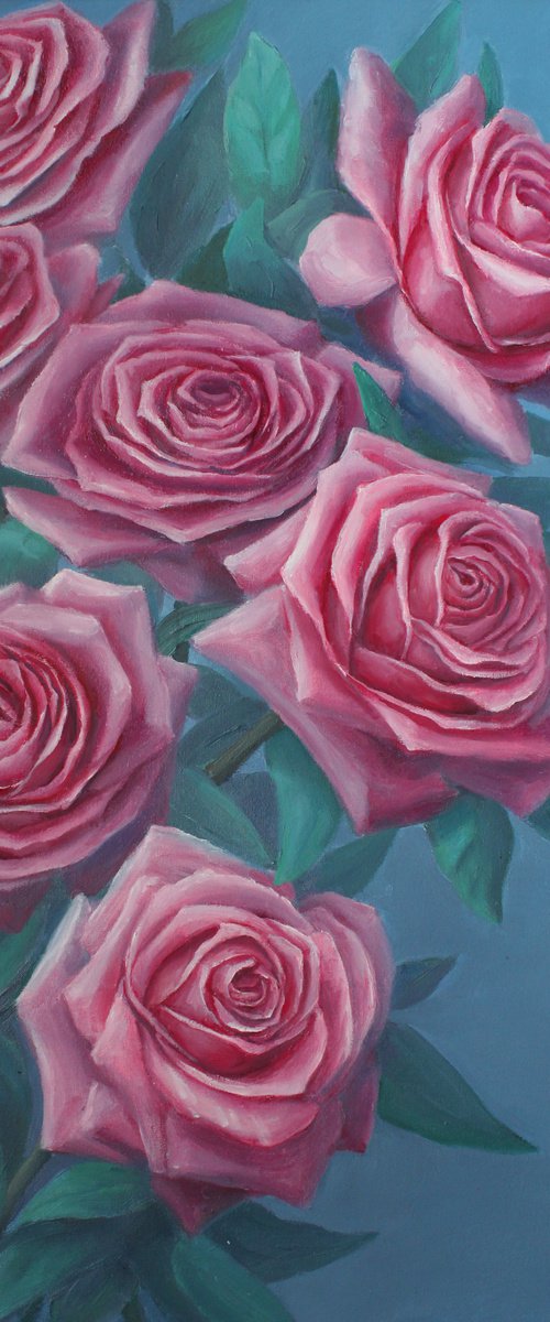 Pink roses on a blue by Julia Gogol