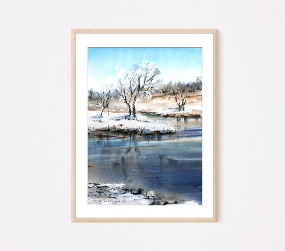 Winter river original watercolour landscape , blue sky forect painting, countryside artwork, gift idea