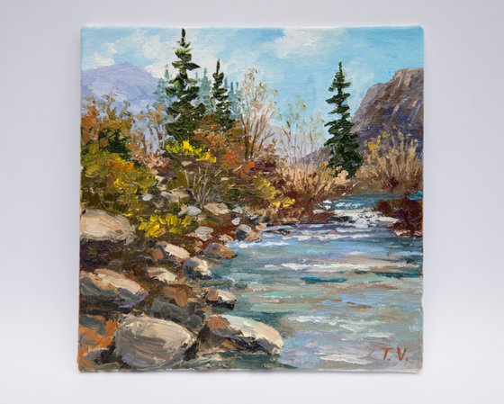 Mountain stream. Oil painting. Miniature. 6 x 6in.